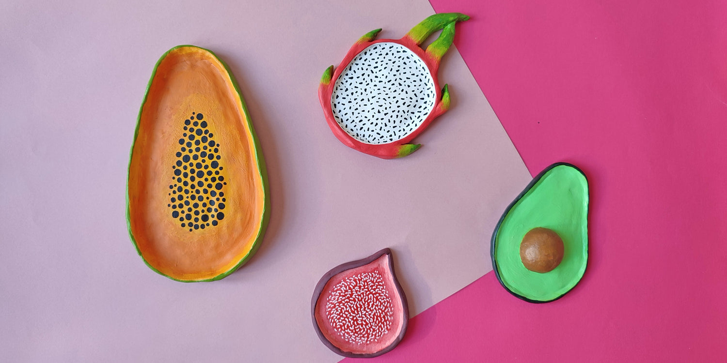 gyümölcs alakú agyagtálkák: papaya, sárkánygyümölcs, füge, avokádó